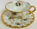 Fan Crest Japan Footed Teacup Saucer Gold Luster Floral Pierced