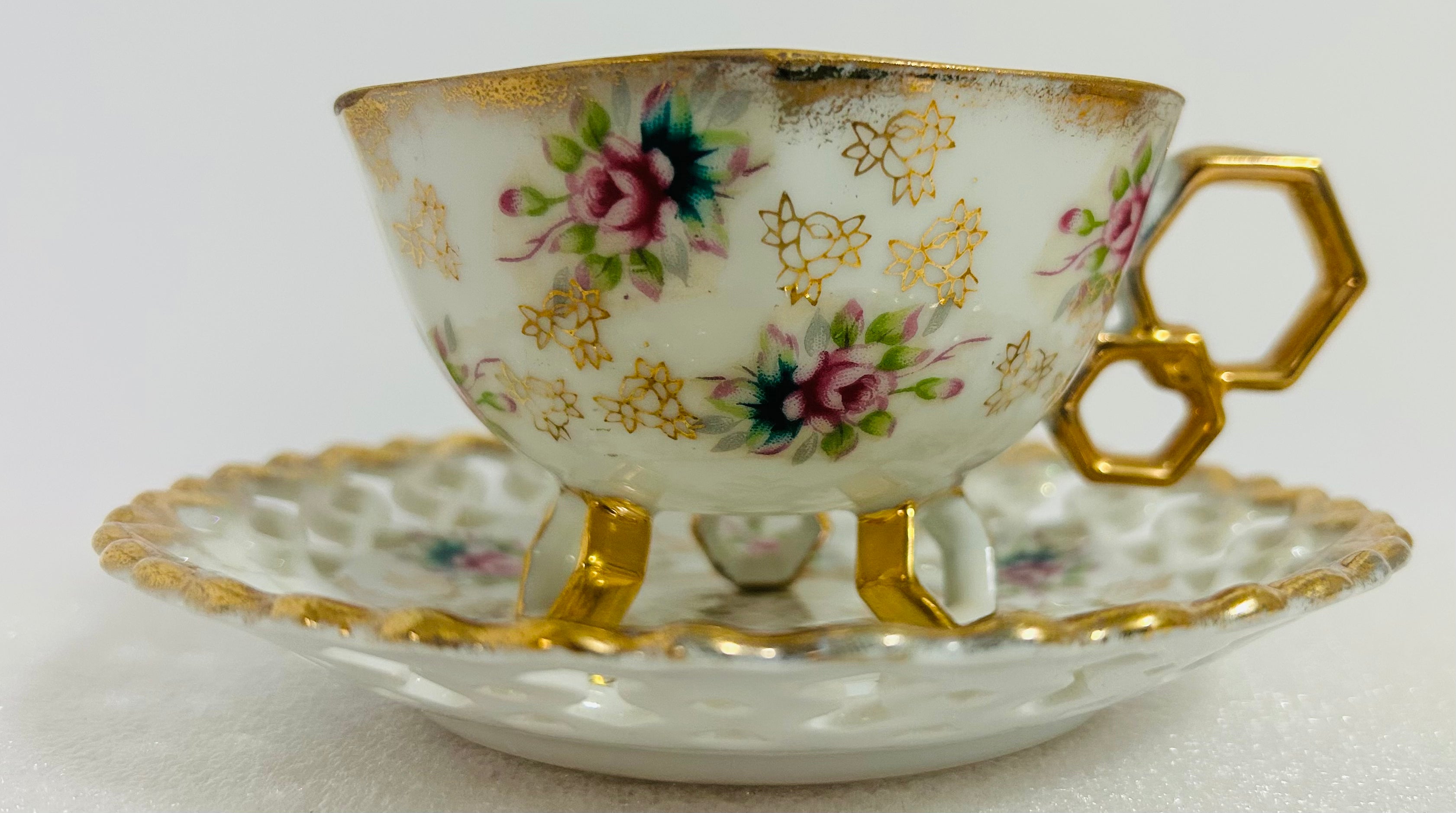 Fan Crest Japan Footed Teacup Saucer Gold Luster Floral Pierced