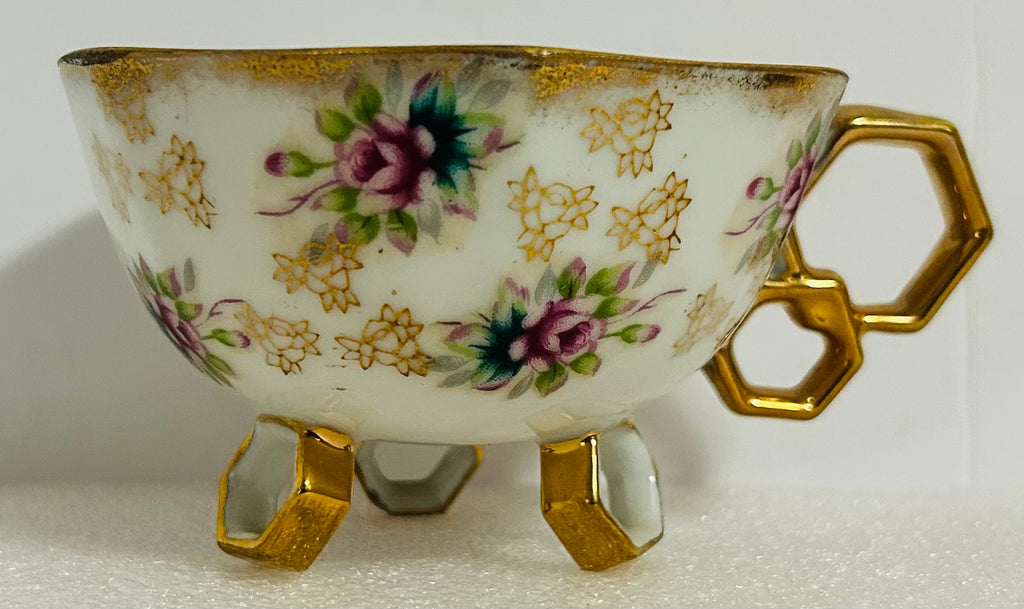 Fan Crest Japan Footed Teacup Saucer Gold Luster Floral Pierced