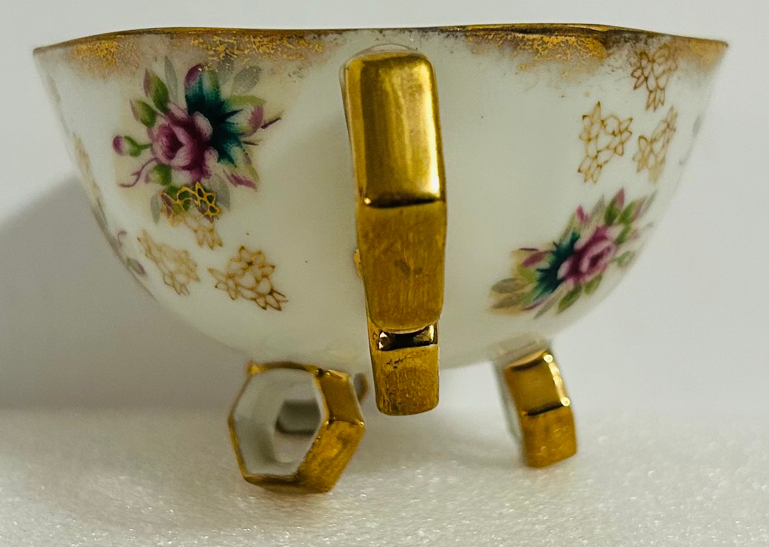 Fan Crest Japan Footed Teacup Saucer Gold Luster Floral Pierced