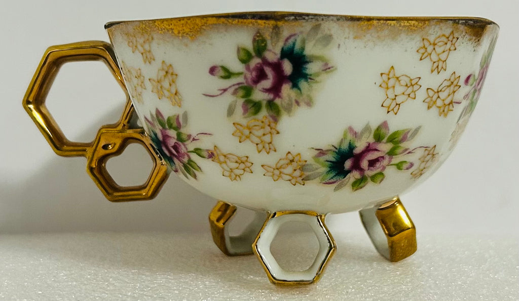 Fan Crest Japan Footed Teacup Saucer Gold Luster Floral Pierced
