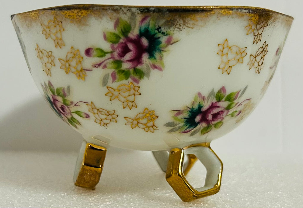 Fan Crest Japan Footed Teacup Saucer Gold Luster Floral Pierced