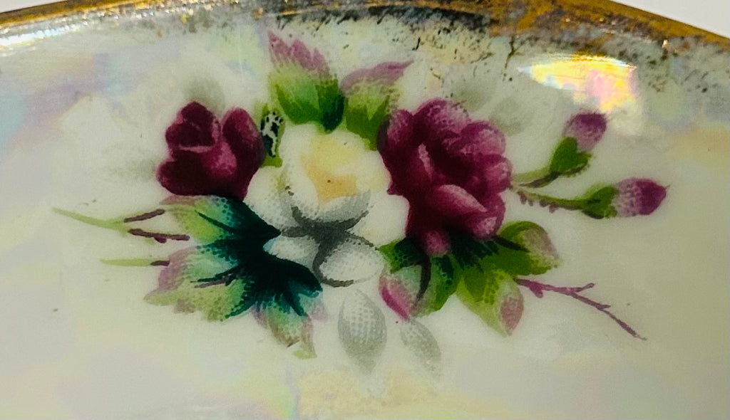 Fan Crest Japan Footed Teacup Saucer Gold Luster Floral Pierced