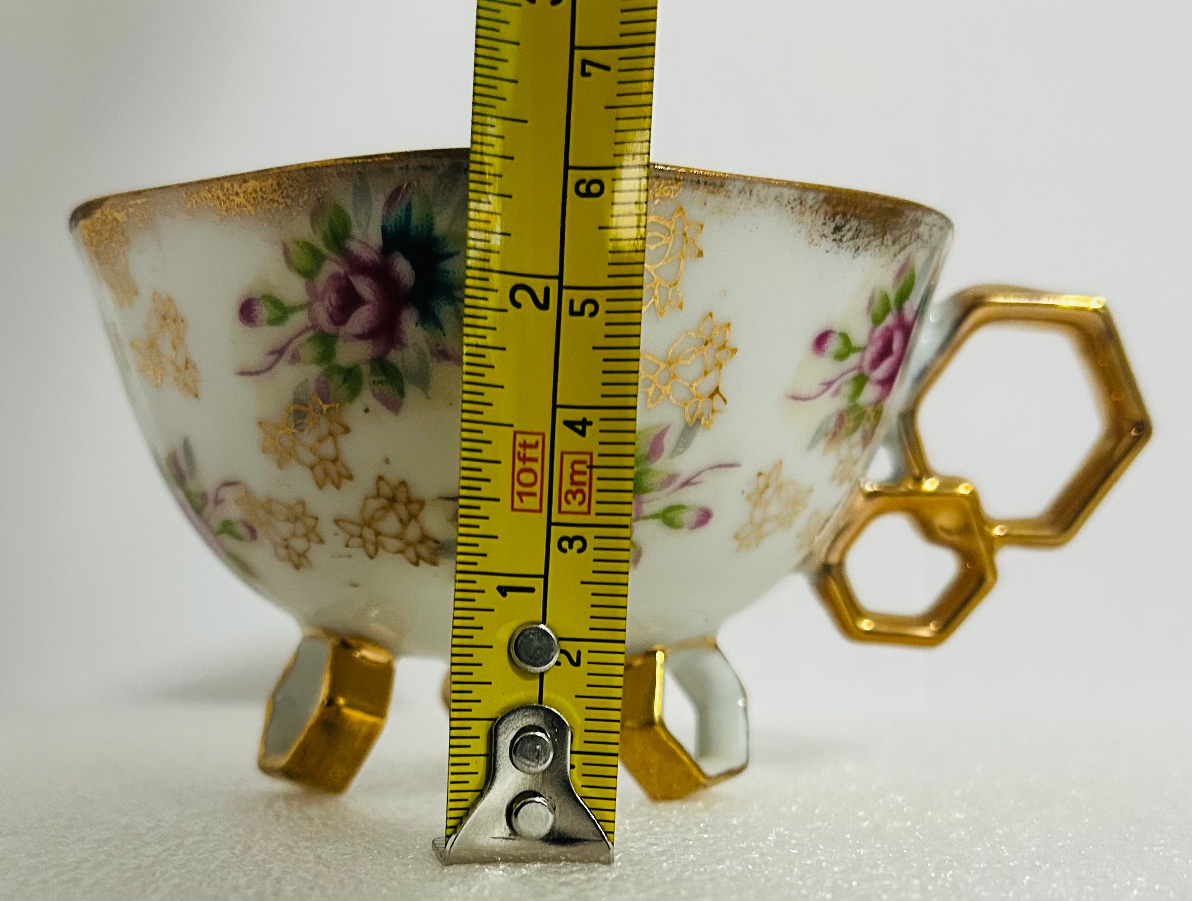 Fan Crest Japan Footed Teacup Saucer Gold Luster Floral Pierced