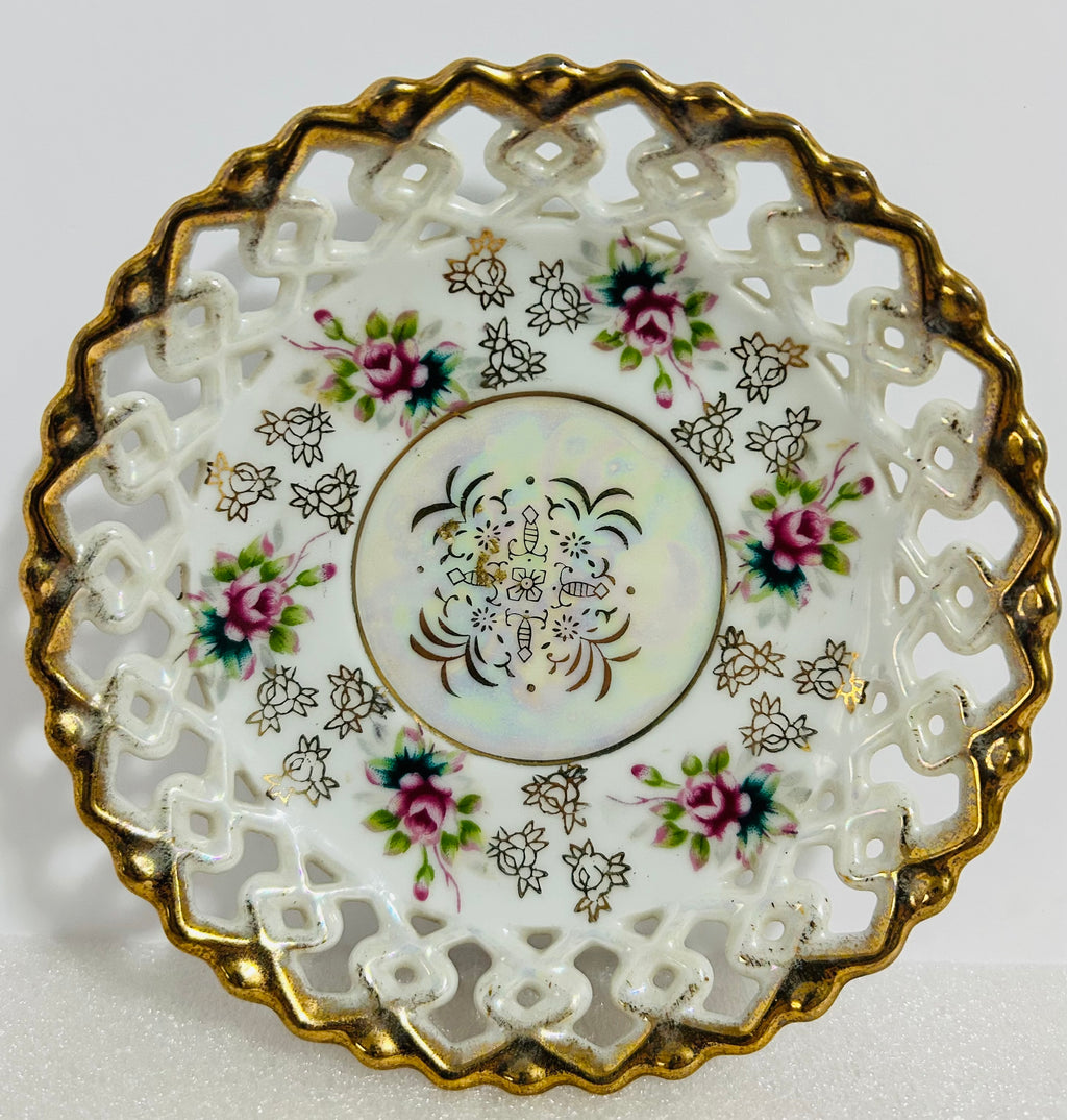 Fan Crest Japan Footed Teacup Saucer Gold Luster Floral Pierced