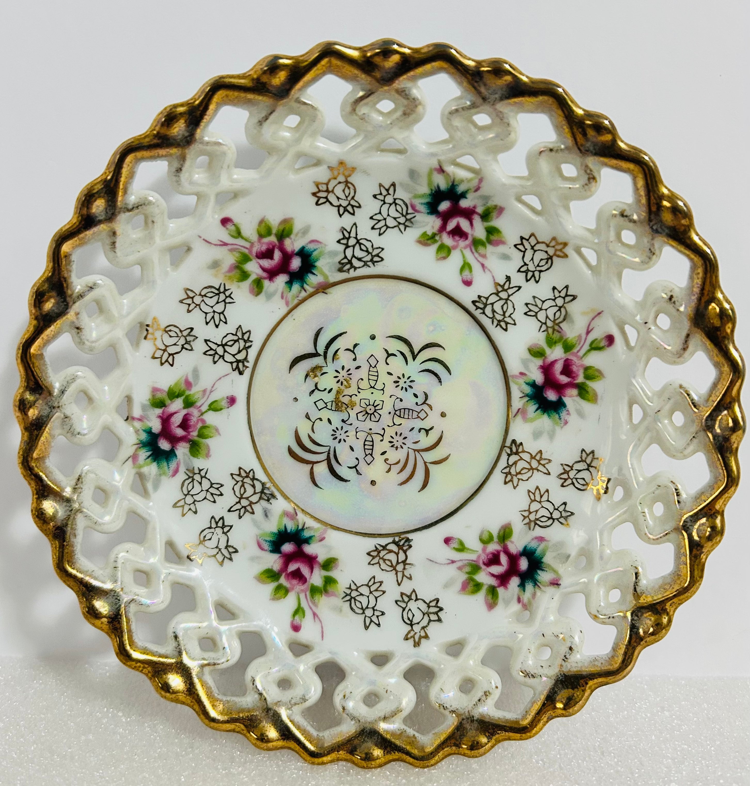 Fan Crest Japan Footed Teacup Saucer Gold Luster Floral Pierced