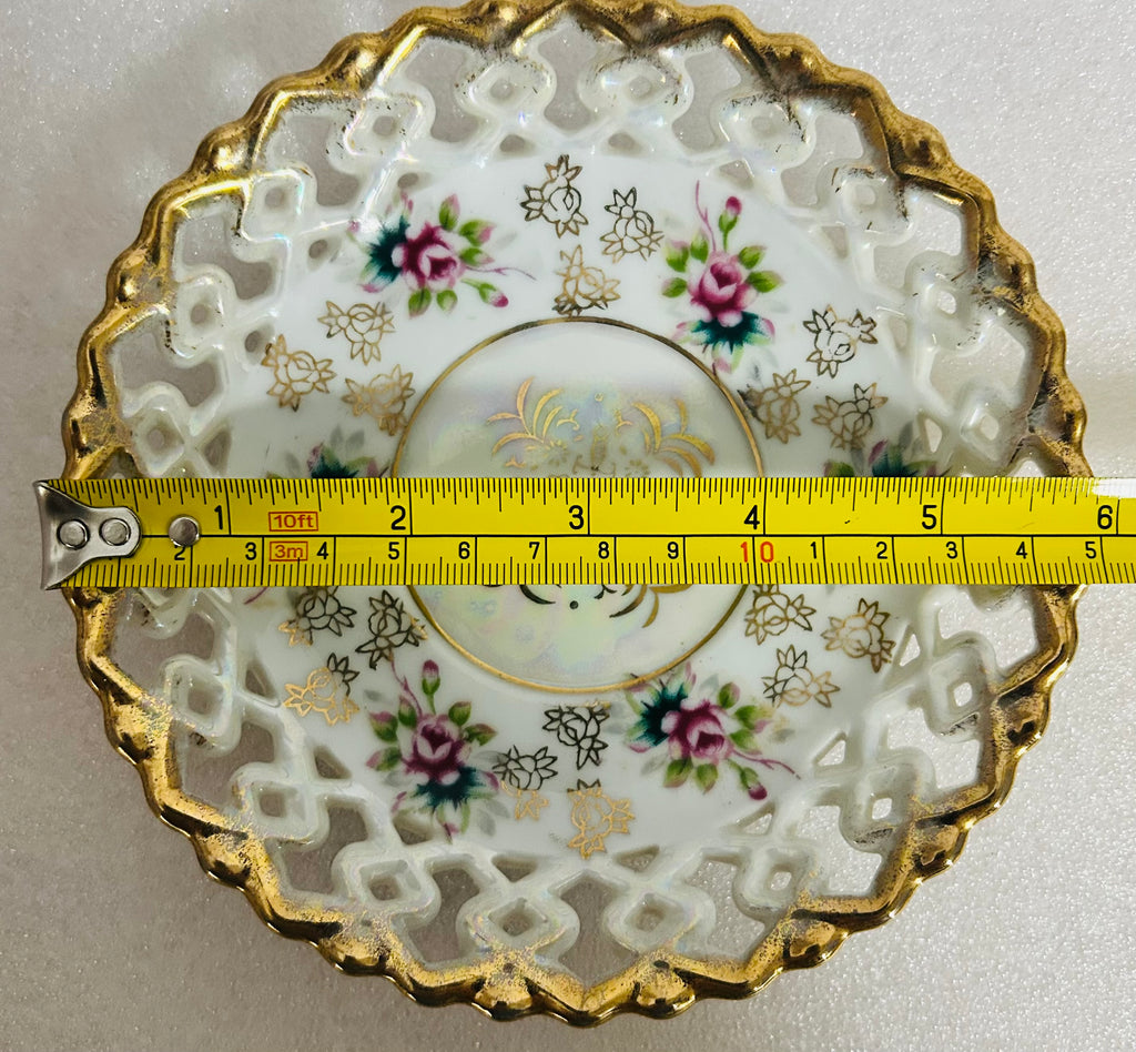 Fan Crest Japan Footed Teacup Saucer Gold Luster Floral Pierced