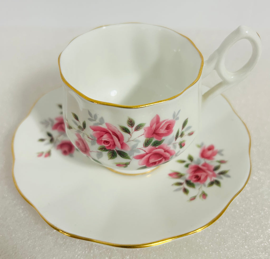 Rosina Fine Bone China Teacup Saucer Pink Roses Gold England