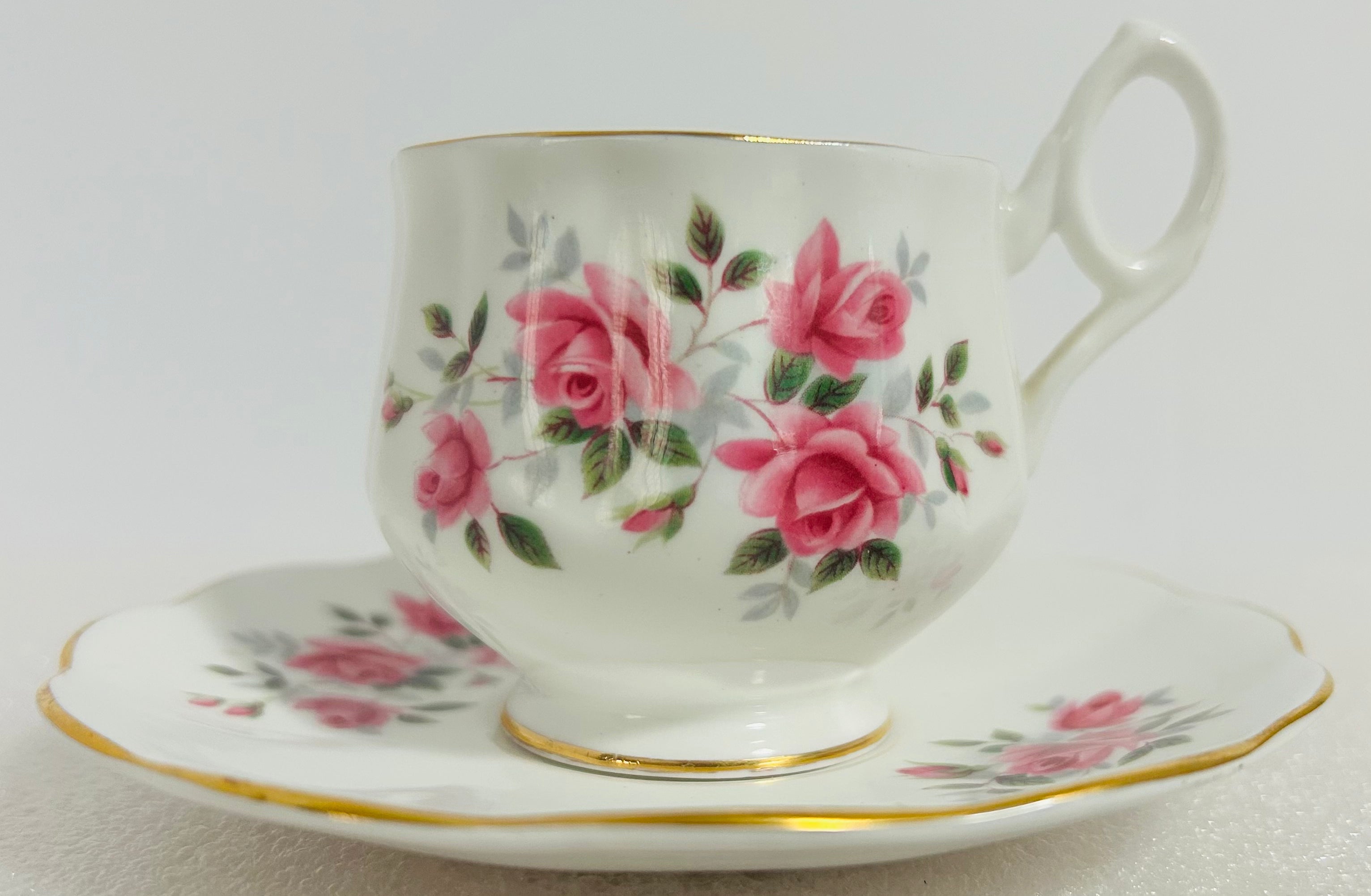 Rosina Fine Bone China Teacup Saucer Pink Roses Gold England