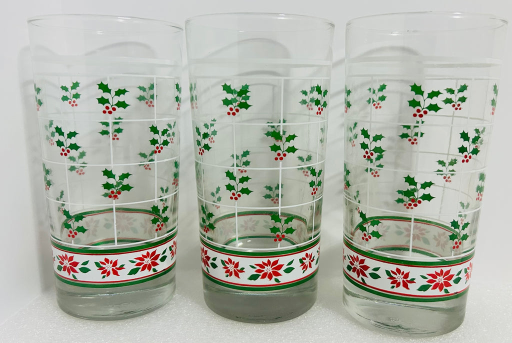 Vintage Libbey Christmas Holly Highball Glasses Set of 3 MCM