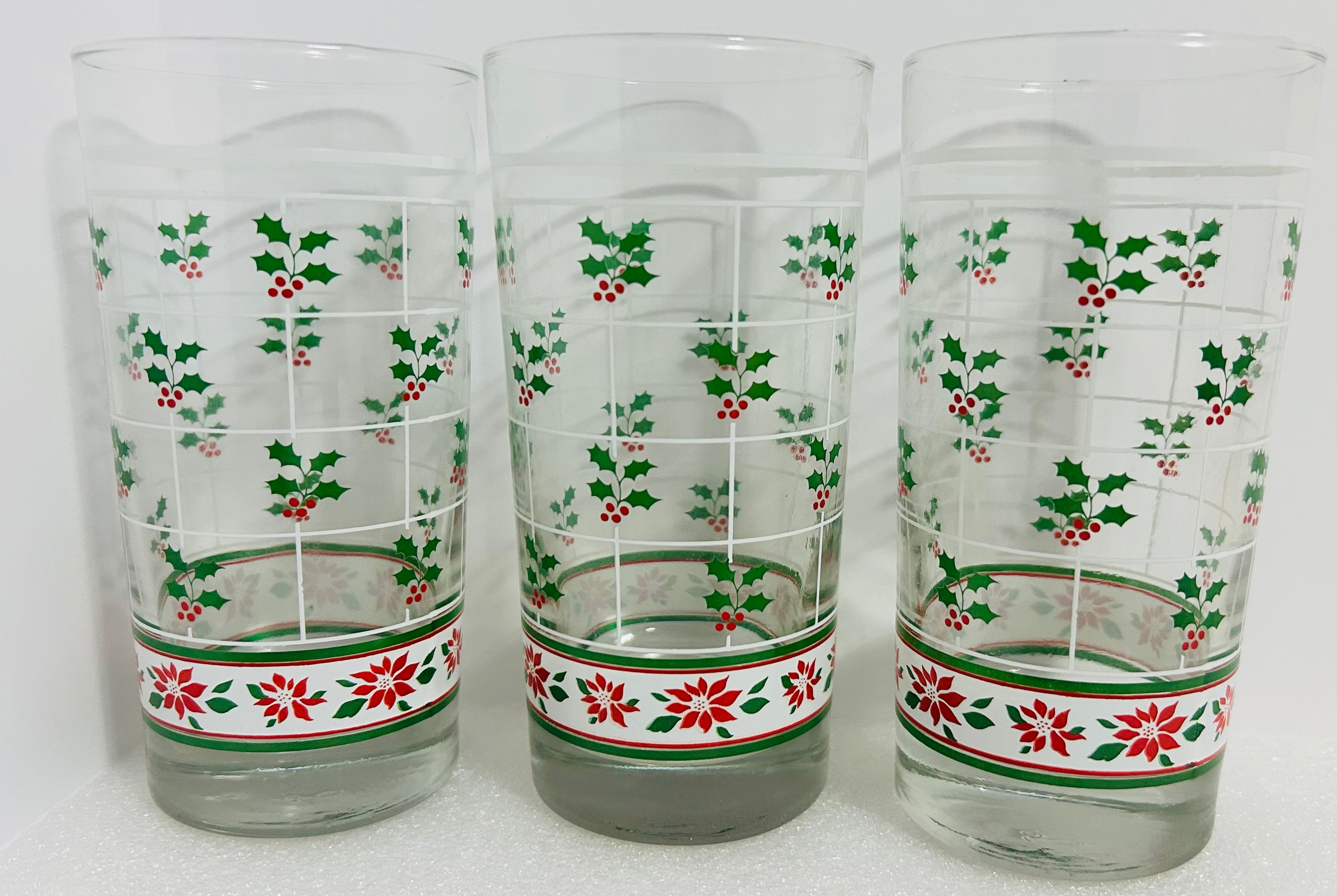 Vintage Libbey Christmas Holly Highball Glasses Set of 3 MCM