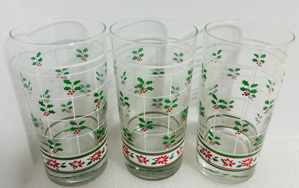 Vintage Libbey Christmas Holly Highball Glasses Set of 3 MCM