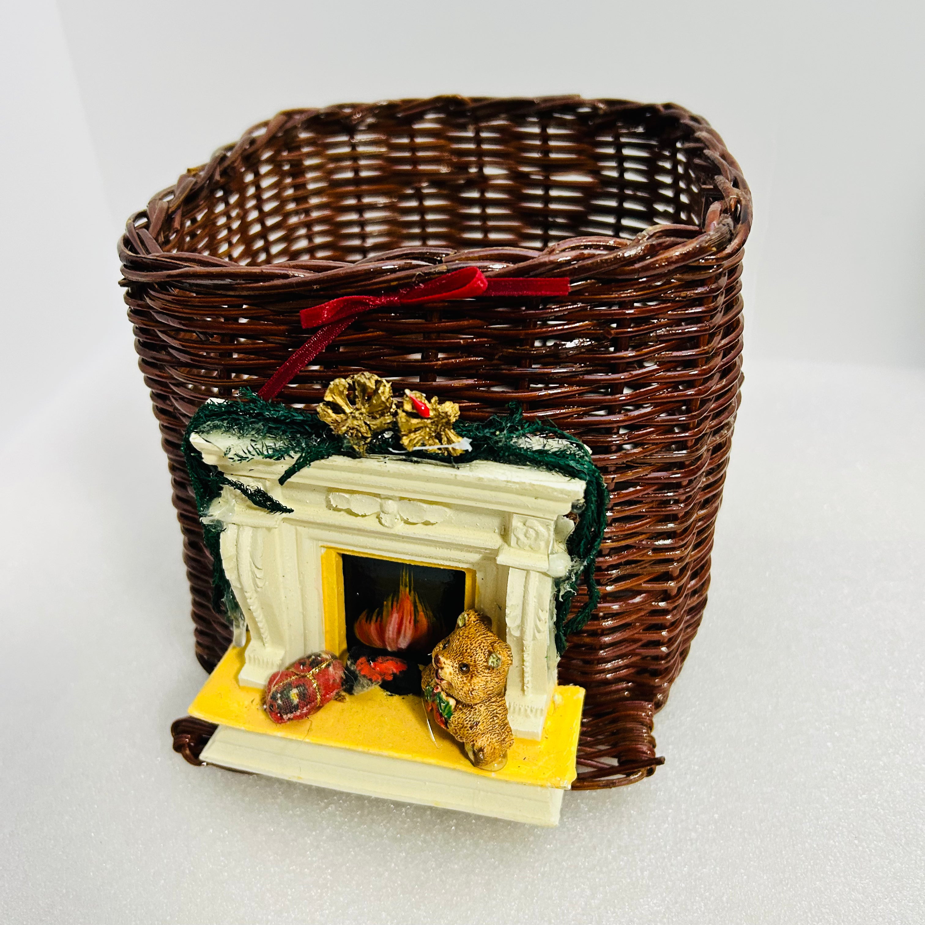 Vintage Wicker Christmas Basket Fireplace Teddy Bear Decor 6”