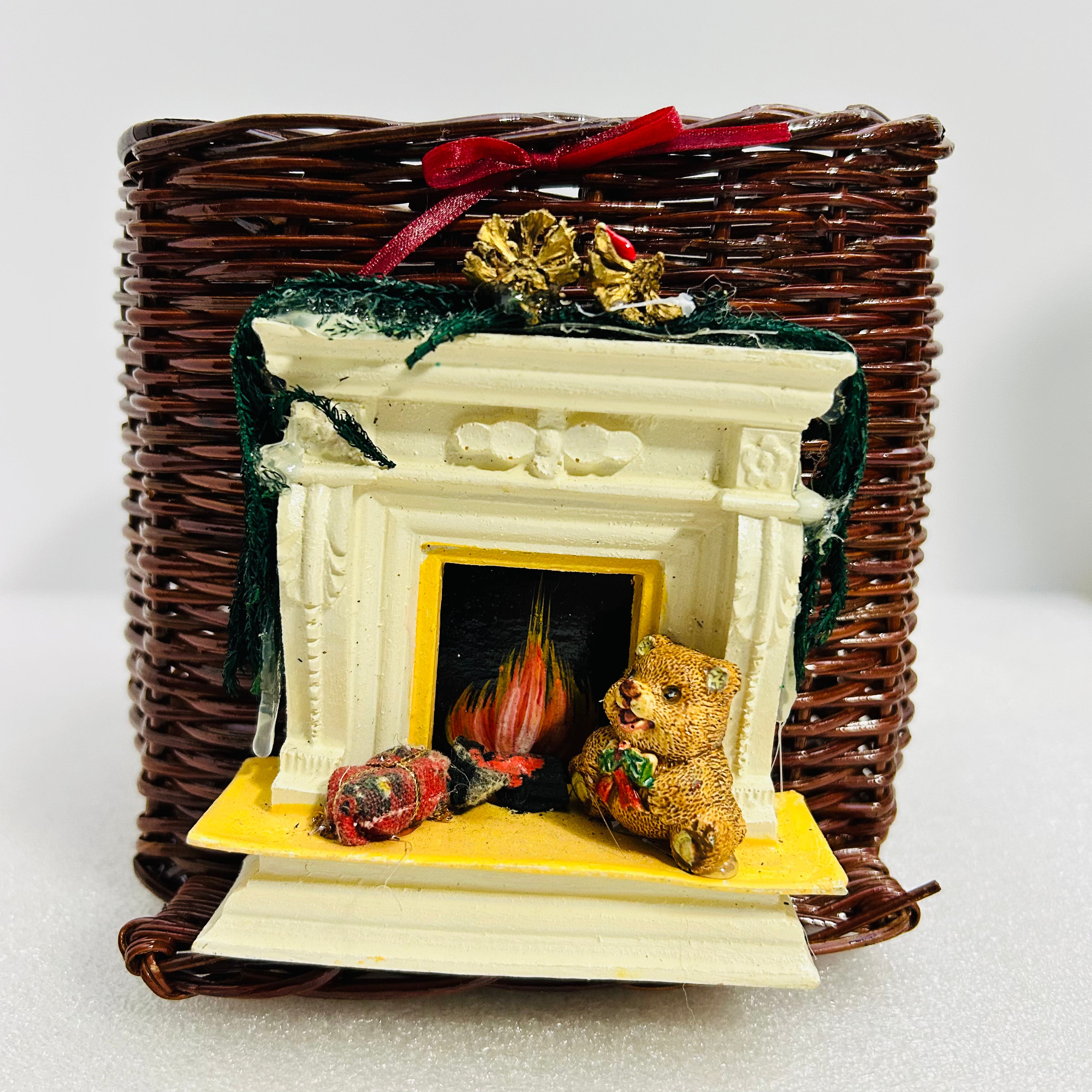 Vintage Wicker Christmas Basket Fireplace Teddy Bear Decor 6”