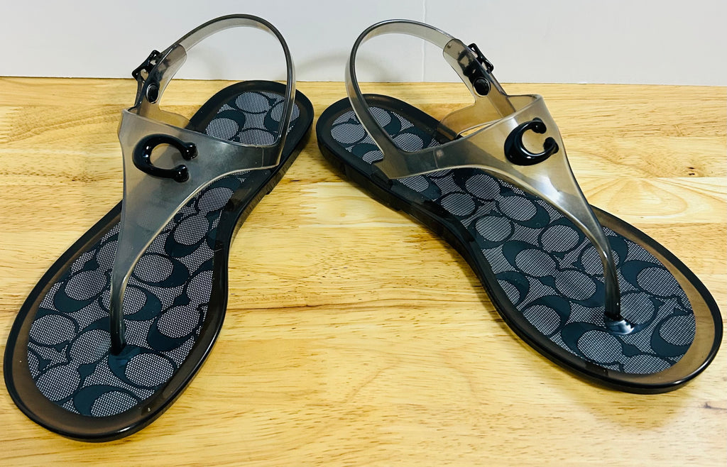 Coach C3067 Jelly Thong Sandals Smoke Black Logo Size 7B