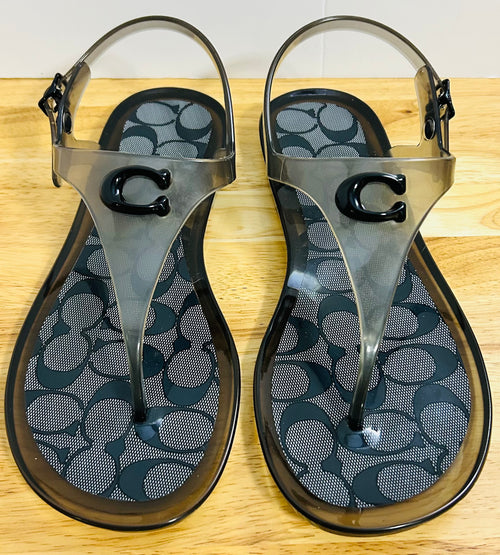 Coach C3067 Jelly Thong Sandals Smoke Black Logo Size 7B