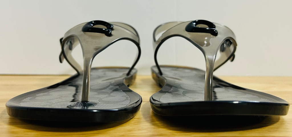 Coach C3067 Jelly Thong Sandals Smoke Black Logo Size 7B