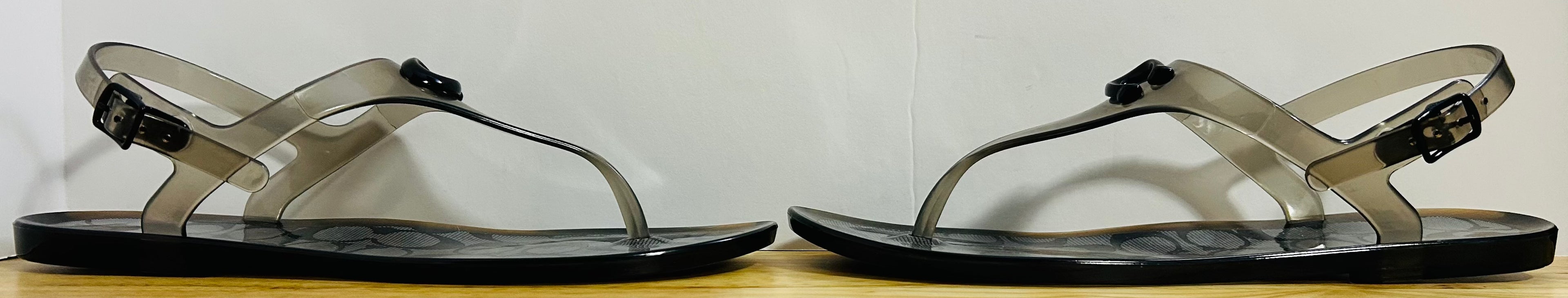 Coach C3067 Jelly Thong Sandals Smoke Black Logo Size 7B