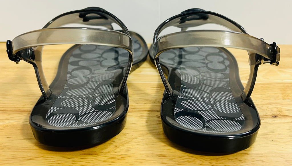 Coach C3067 Jelly Thong Sandals Smoke Black Logo Size 7B