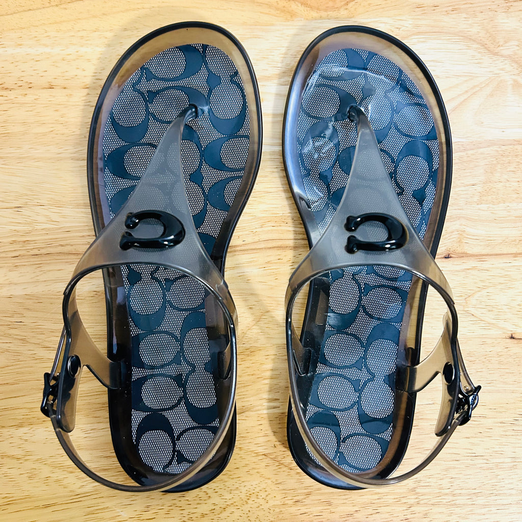 Coach C3067 Jelly Thong Sandals Smoke Black Logo Size 7B
