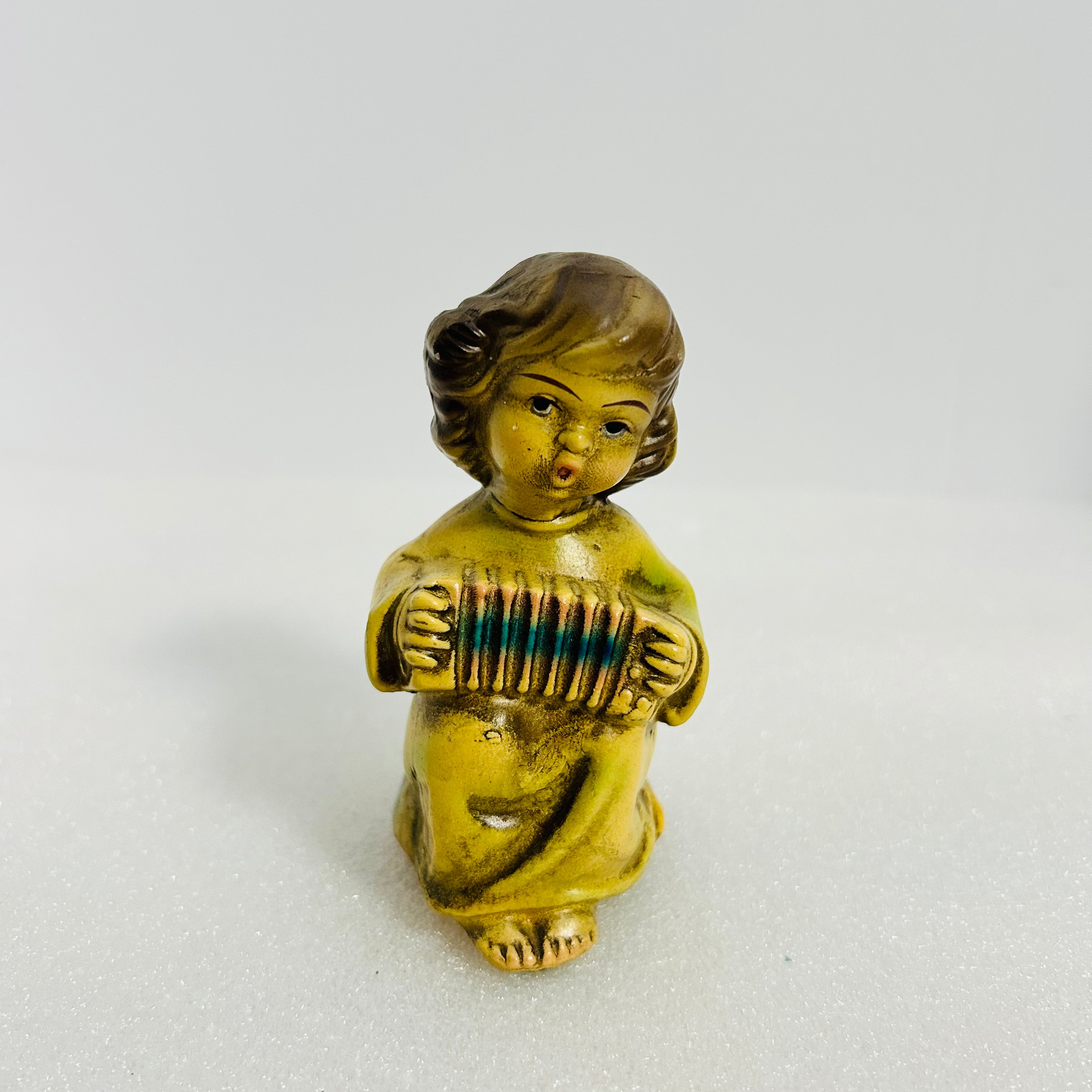 Vintage Chalkware Angel Figurine Accordion 4” Yellow Gold MCM
