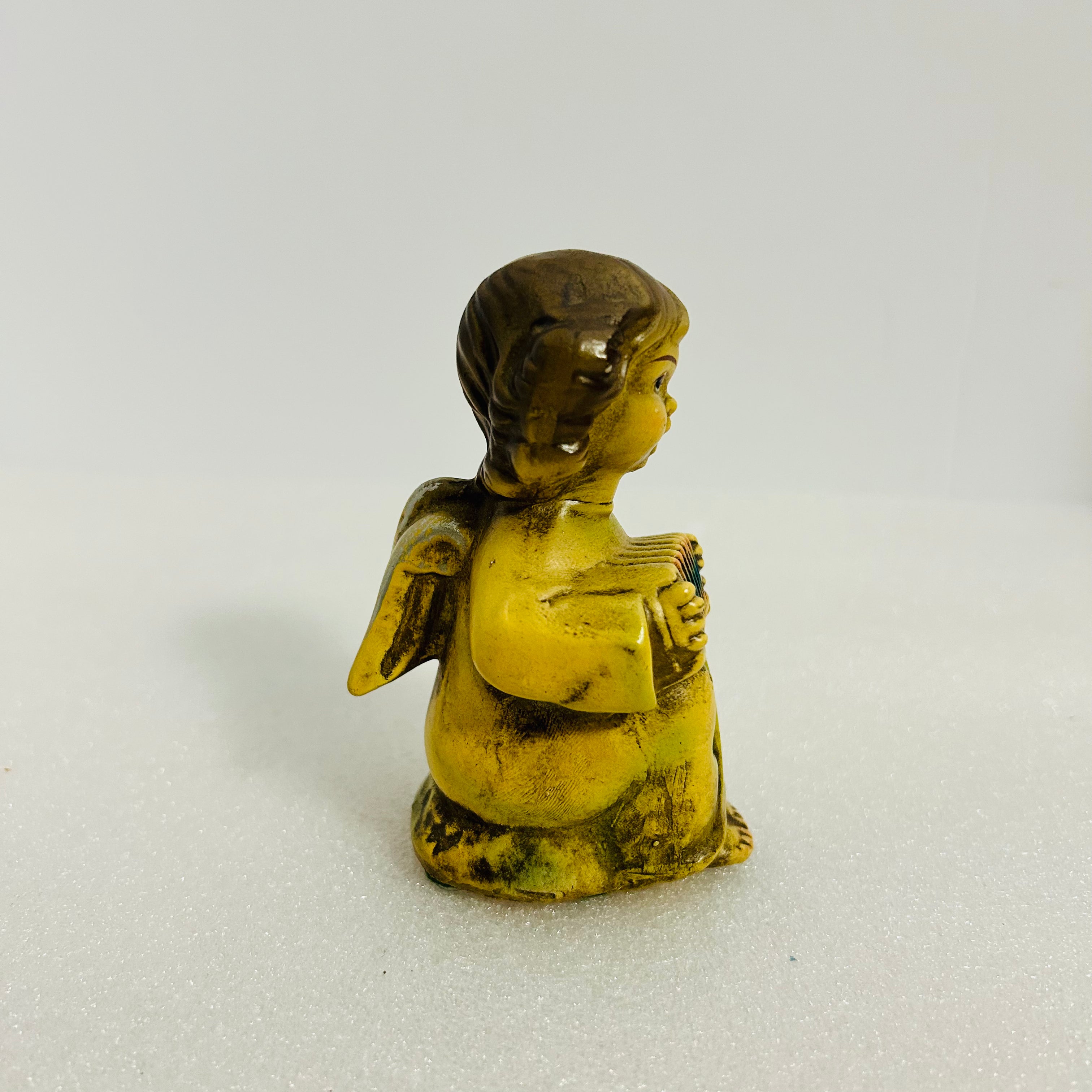 Vintage Chalkware Angel Figurine Accordion 4” Yellow Gold MCM