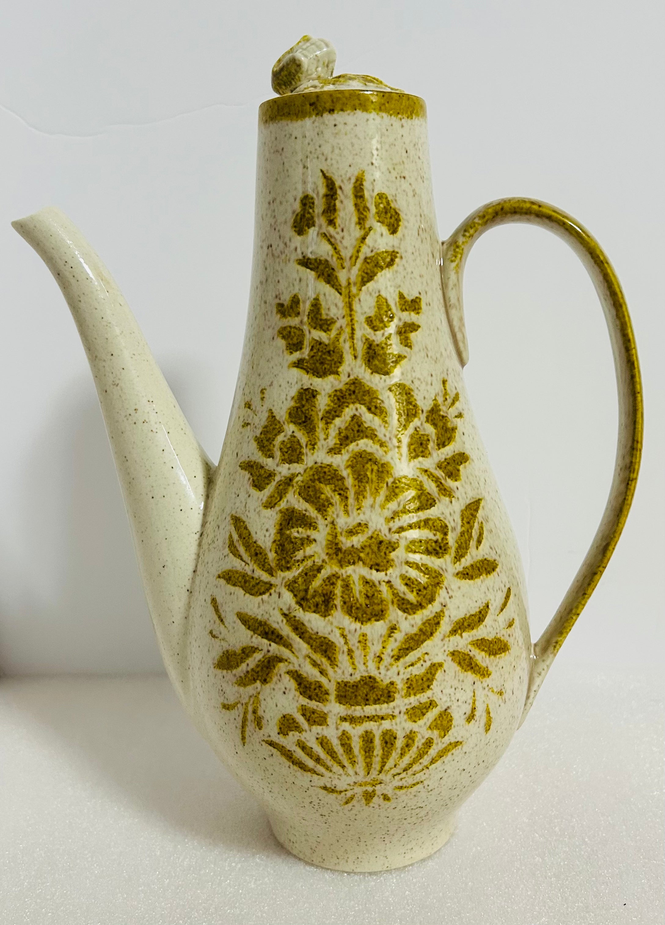 Vintage Red Wing Damask Coffee Pot 12” Tall Green Floral w Lid USA