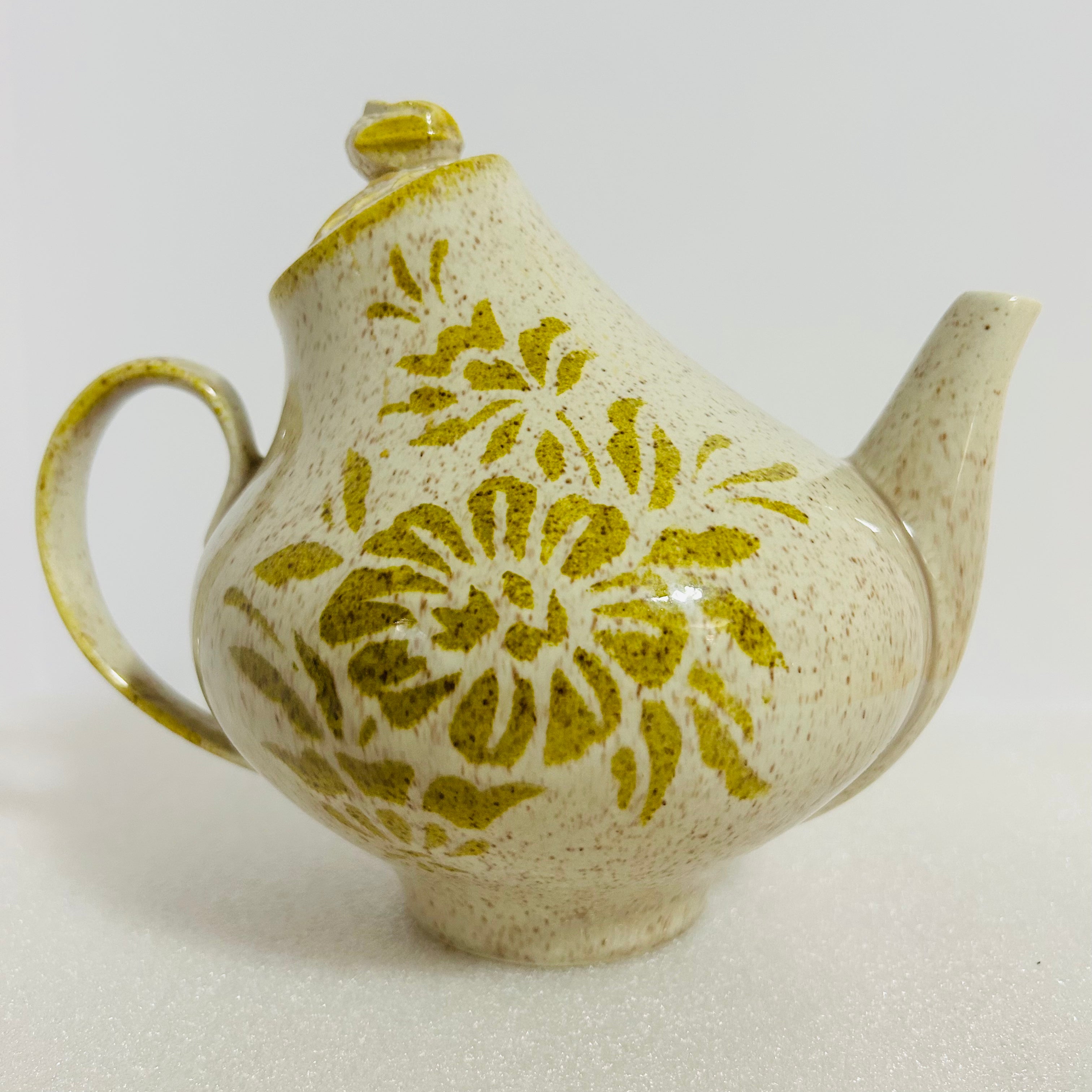 Vintage Red Wing Damask Teapot Round 7” Green Floral w Lid USA