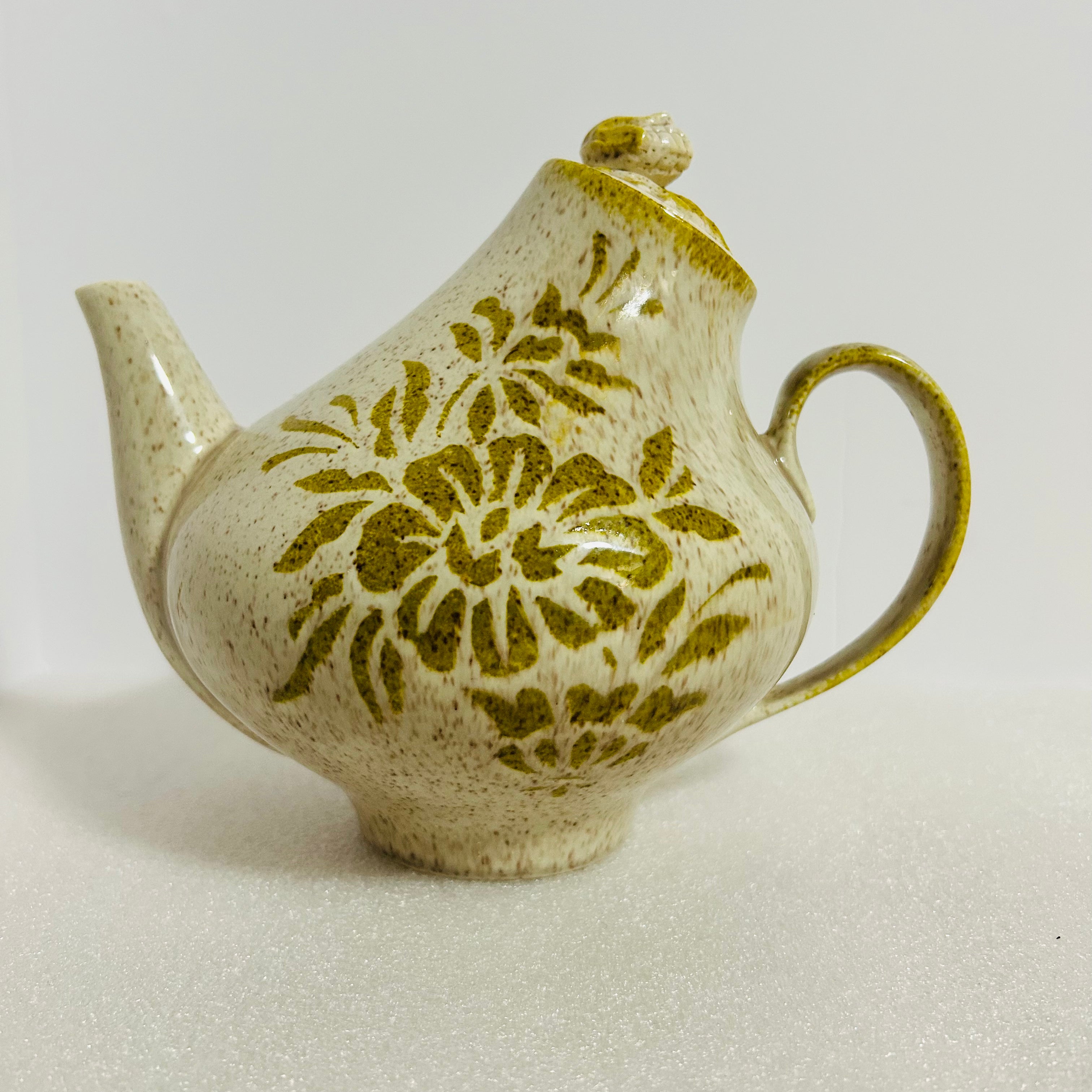 Vintage Red Wing Damask Teapot Round 7” Green Floral w Lid USA