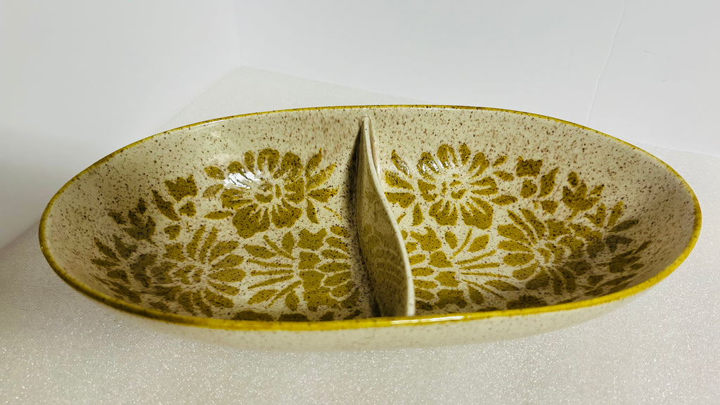 Red Wing Damask Divided Relish Dish 12” Oval Speckled Green Floral