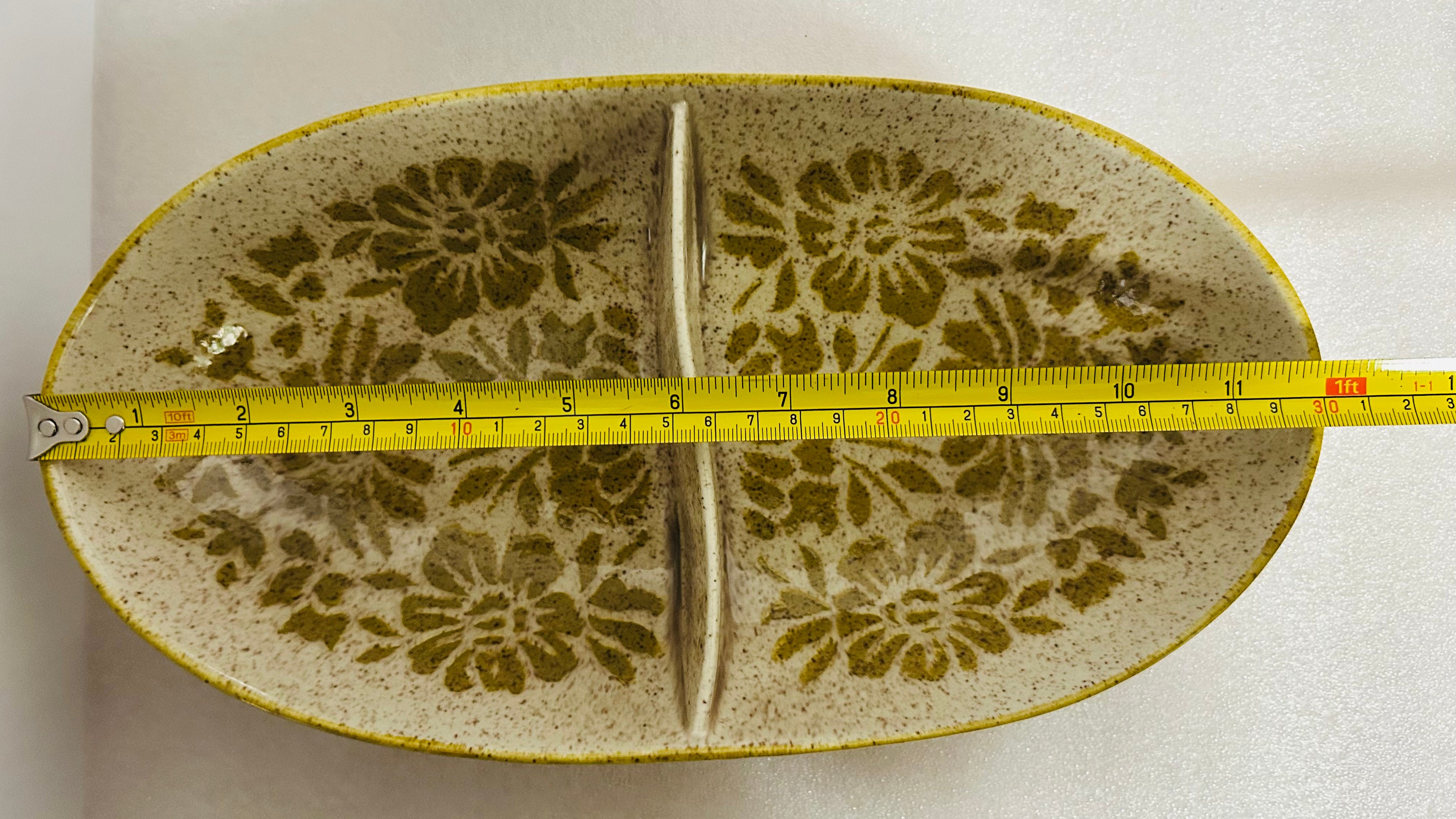 Red Wing Damask Divided Relish Dish 12” Oval Speckled Green Floral