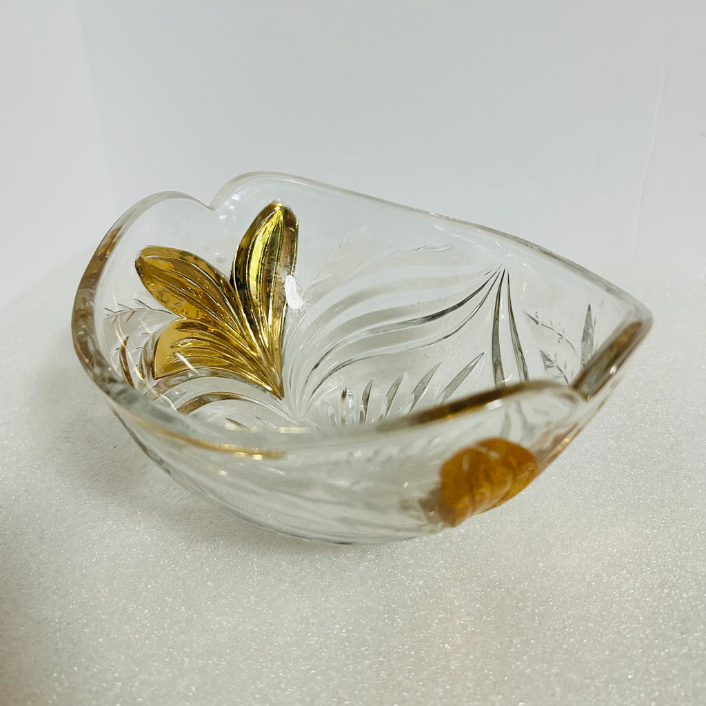 Vintage Clear Pressed Glass Candy Dish Gold Leaf 6 Inch Bowl