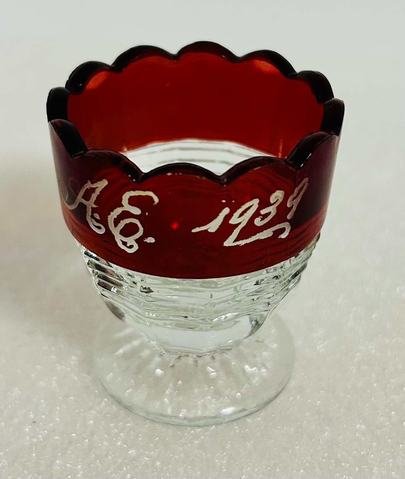 Vintage Ruby Flash Cordial Glass AE 1939 Engraved Scalloped Rim