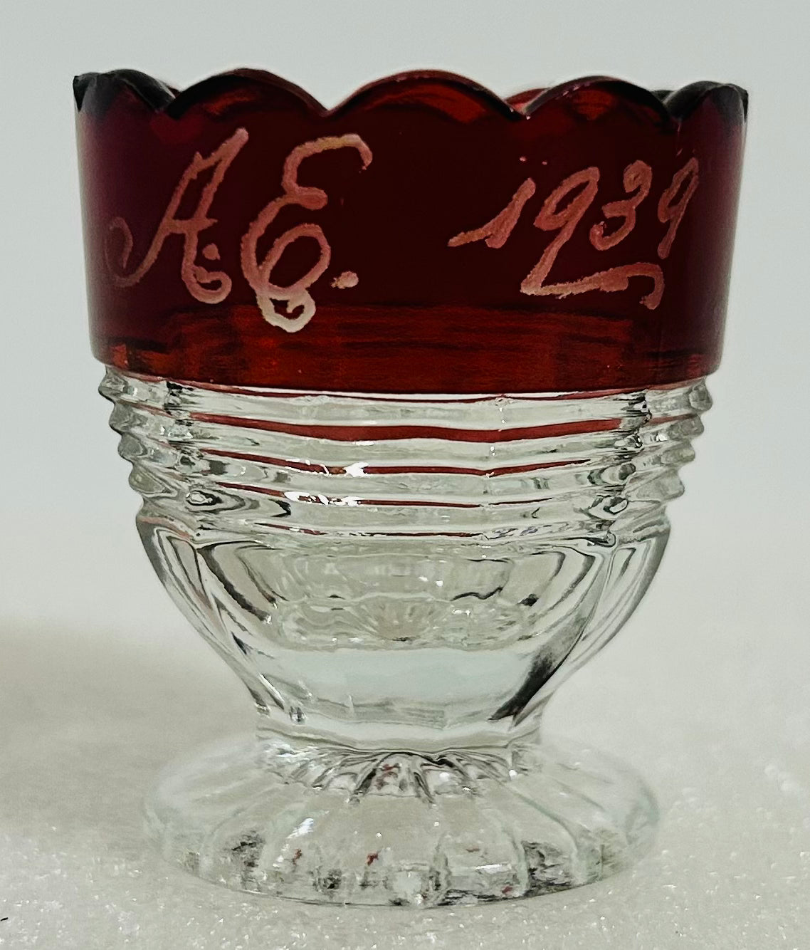 Vintage Ruby Flash Cordial Glass AE 1939 Engraved Scalloped Rim