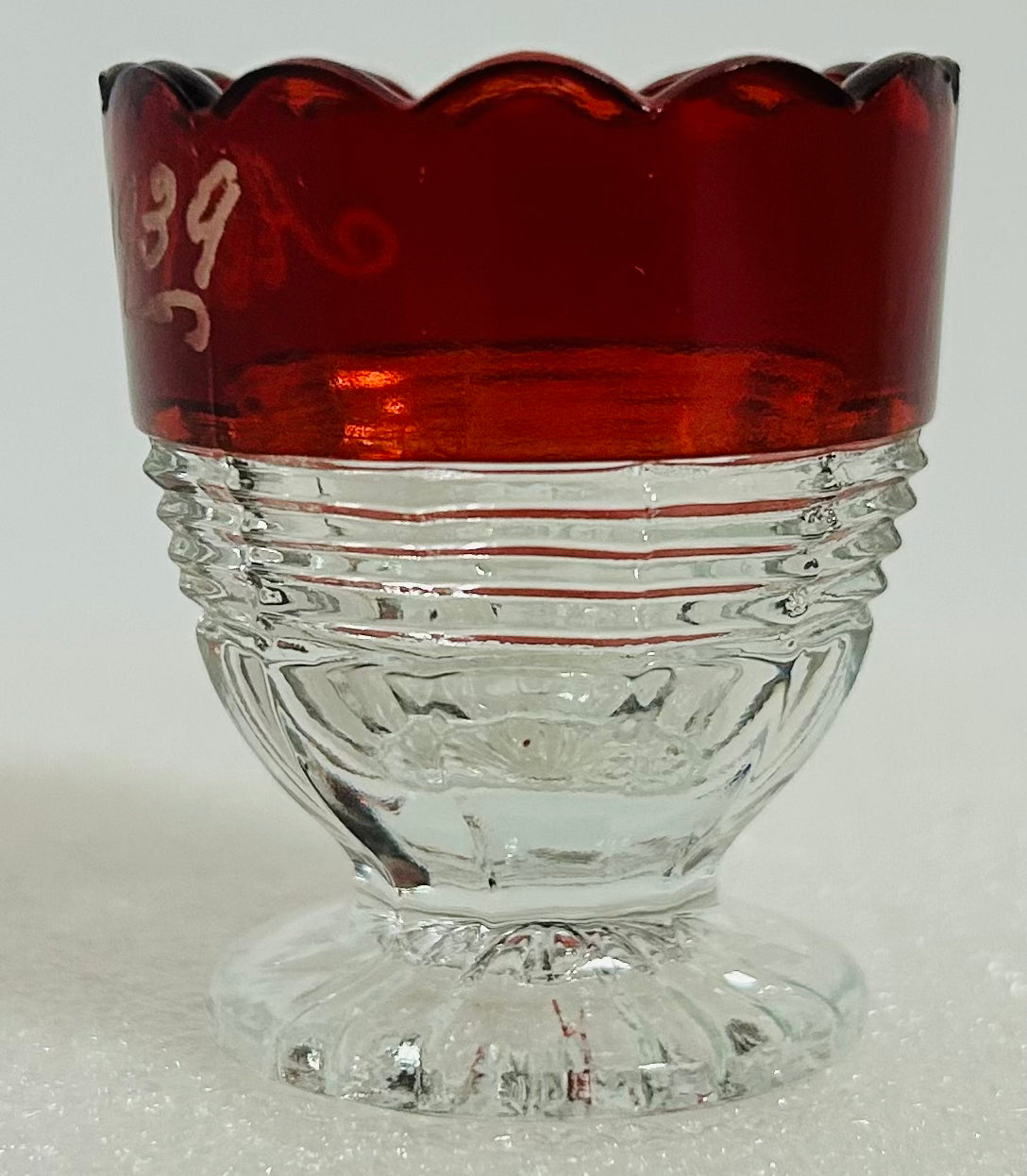 Vintage Ruby Flash Cordial Glass AE 1939 Engraved Scalloped Rim