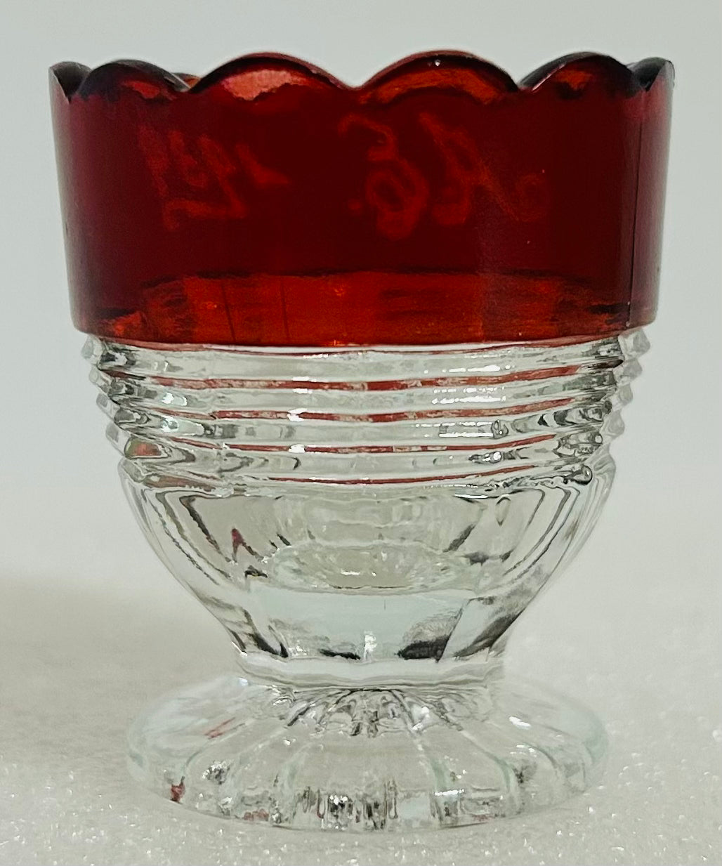 Vintage Ruby Flash Cordial Glass AE 1939 Engraved Scalloped Rim