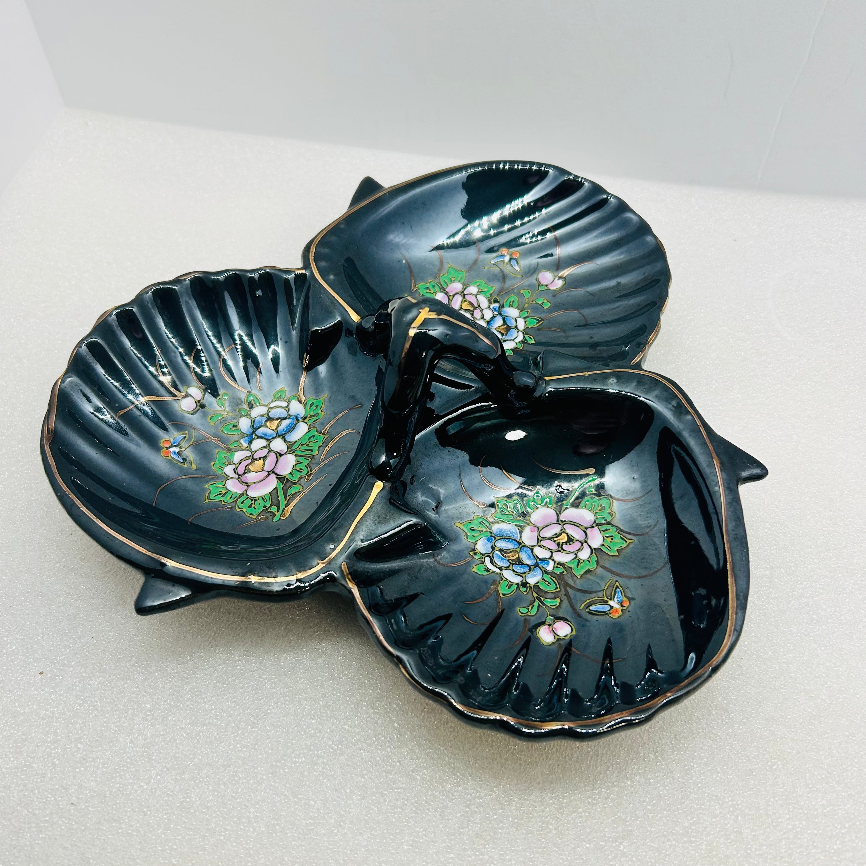 Vintage Maruhon Ware Hand Painted Japan 3 Section Candy Nut Dish Black