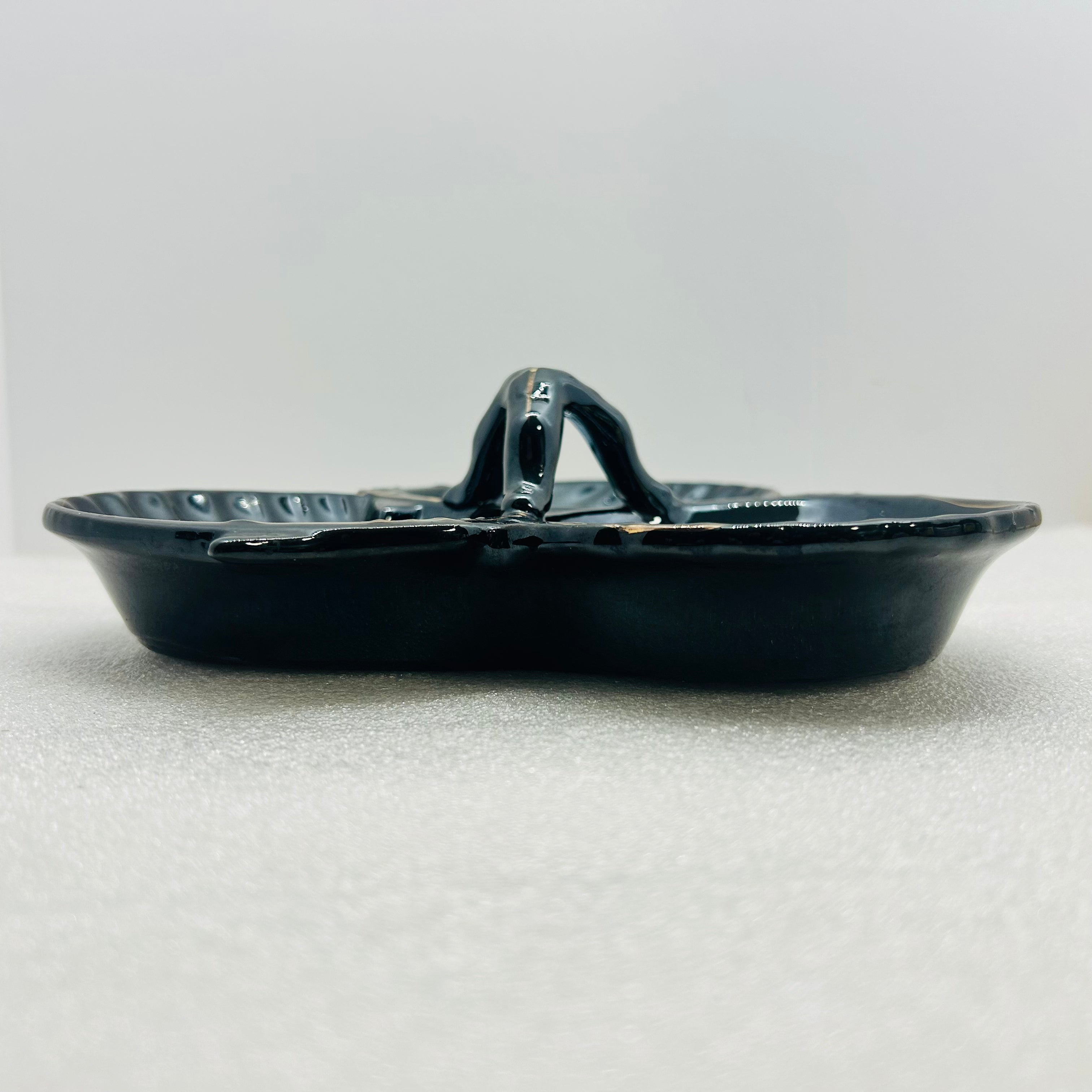 Vintage Maruhon Ware Hand Painted Japan 3 Section Candy Nut Dish Black