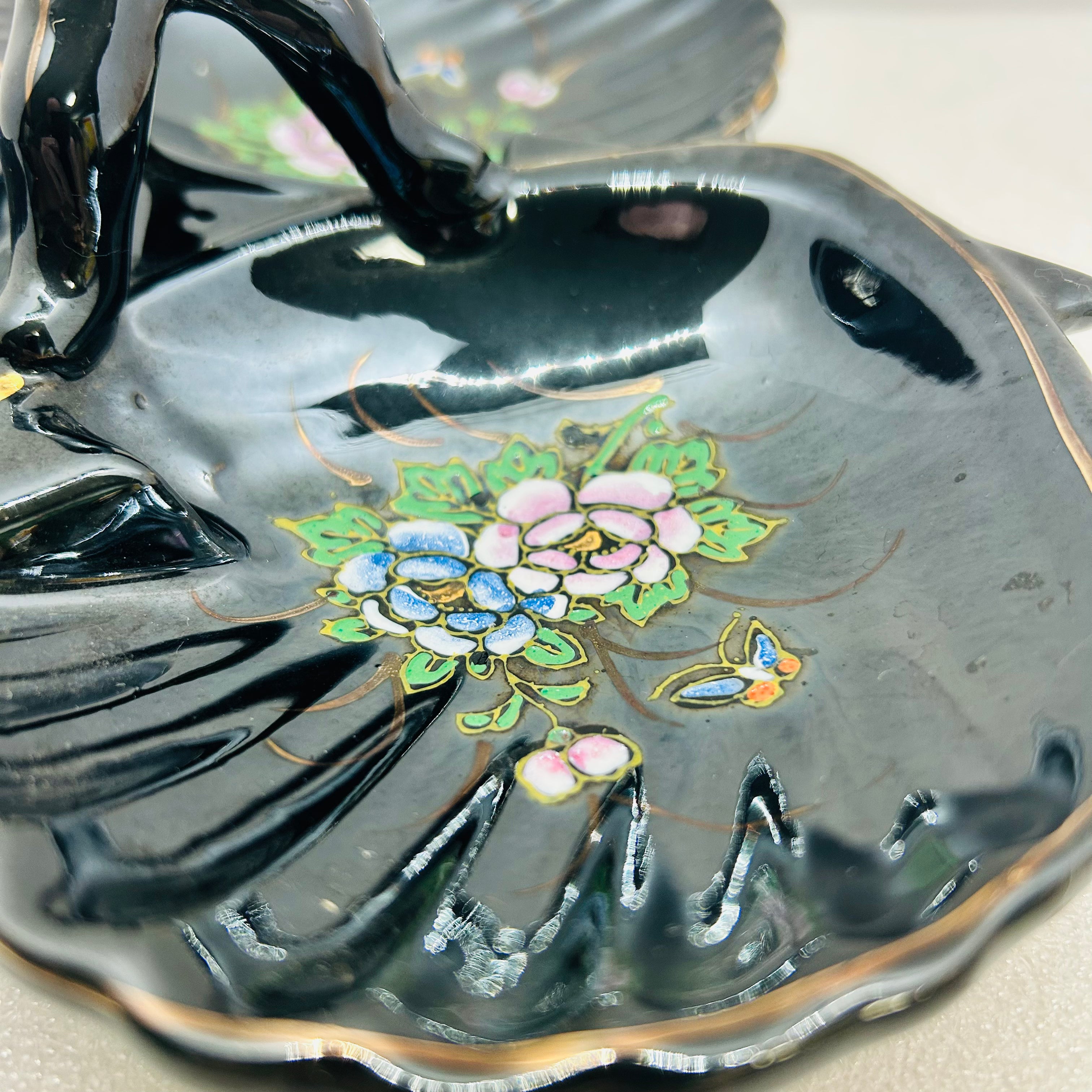 Vintage Maruhon Ware Hand Painted Japan 3 Section Candy Nut Dish Black