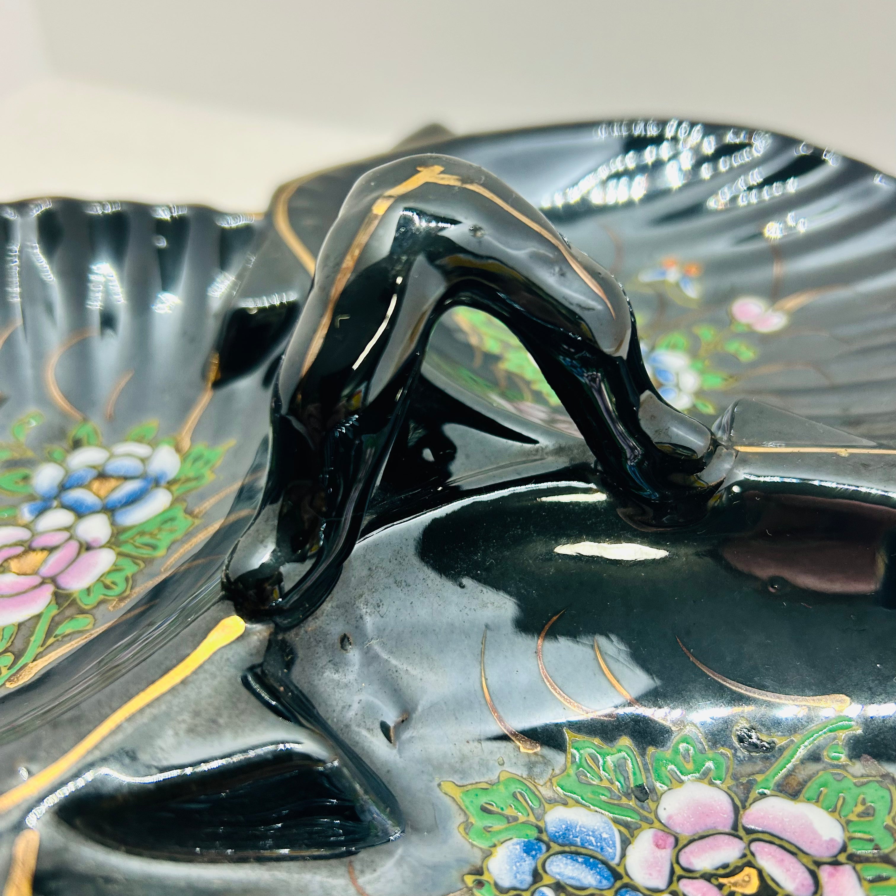 Vintage Maruhon Ware Hand Painted Japan 3 Section Candy Nut Dish Black