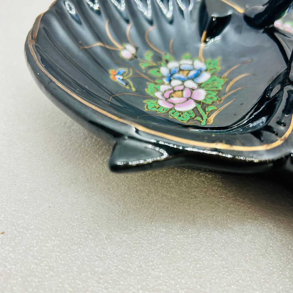 Vintage Maruhon Ware Hand Painted Japan 3 Section Candy Nut Dish Black