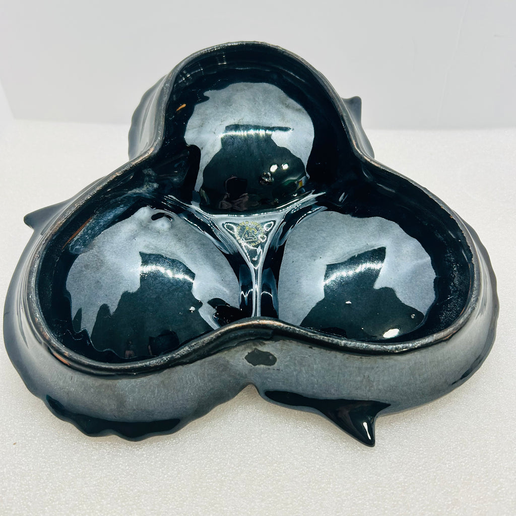 Vintage Maruhon Ware Hand Painted Japan 3 Section Candy Nut Dish Black