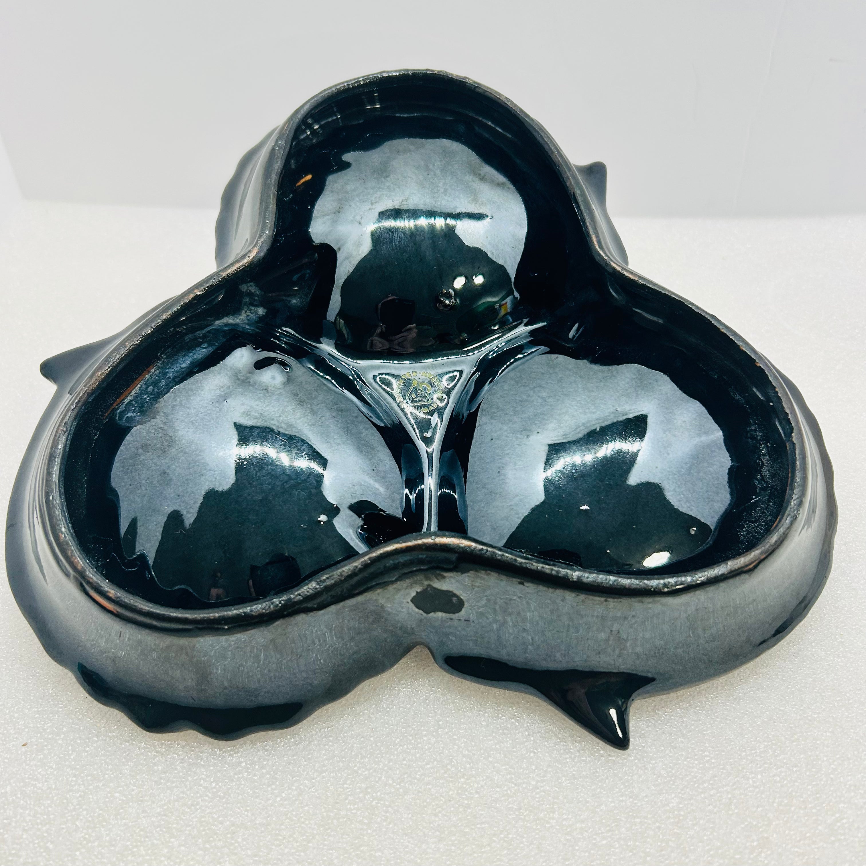 Vintage Maruhon Ware Hand Painted Japan 3 Section Candy Nut Dish Black