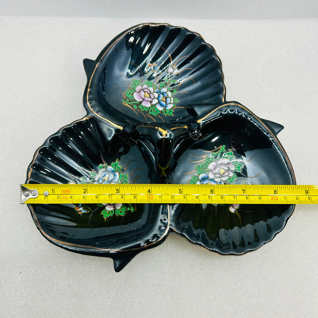 Vintage Maruhon Ware Hand Painted Japan 3 Section Candy Nut Dish Black
