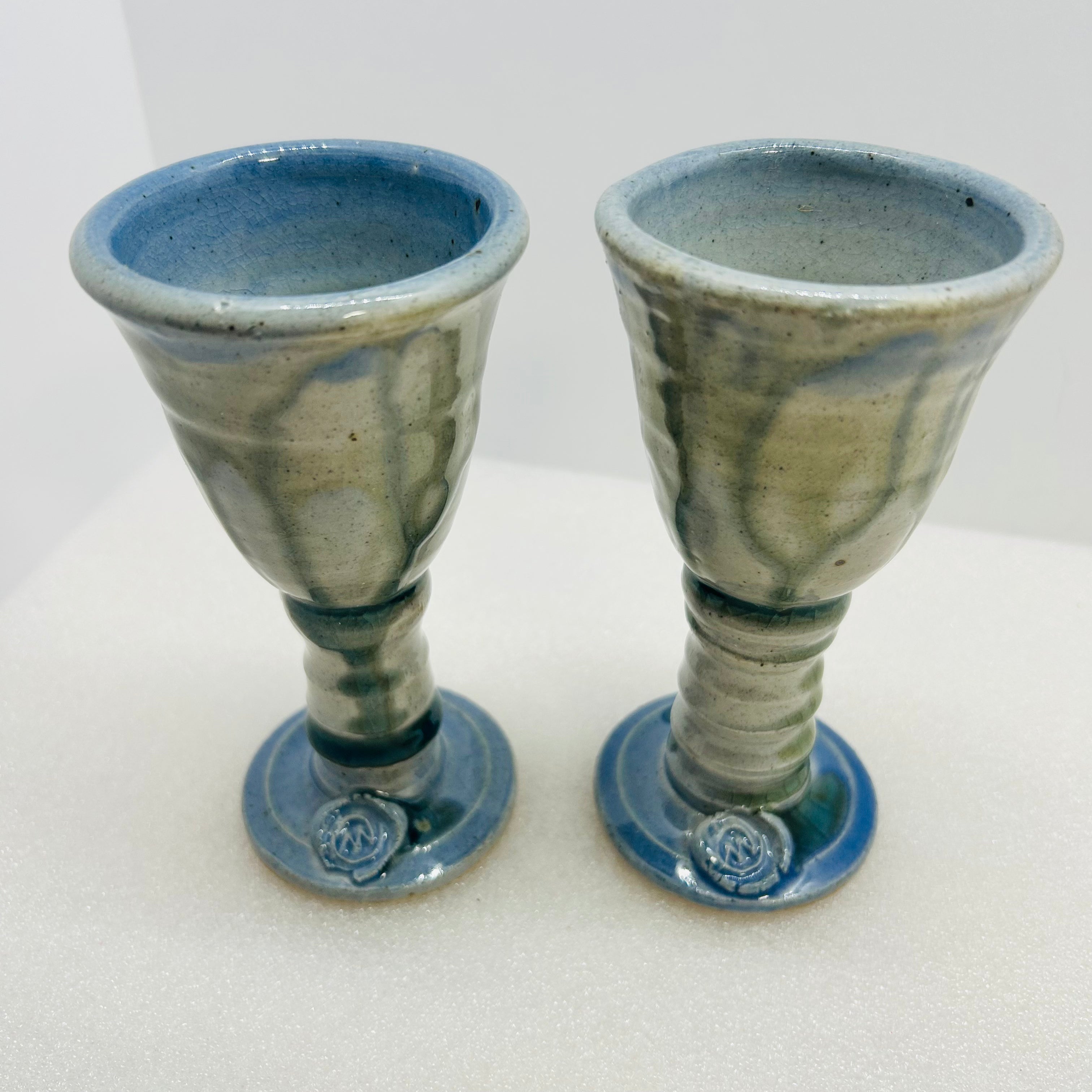 Vintage Studio Pottery Wine Goblets Blue Green Drip Glaze M Seal Set of 2