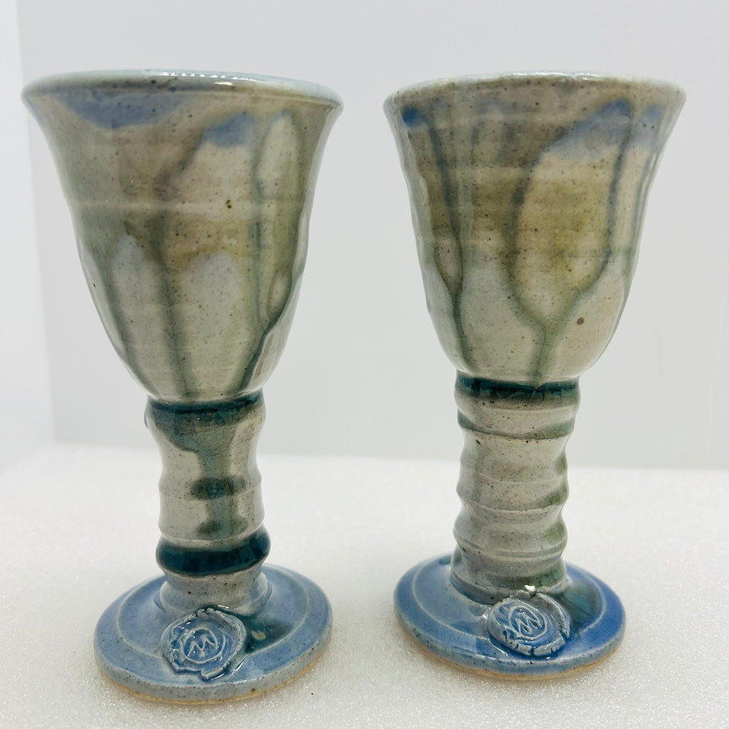 Vintage Studio Pottery Wine Goblets Blue Green Drip Glaze M Seal Set of 2