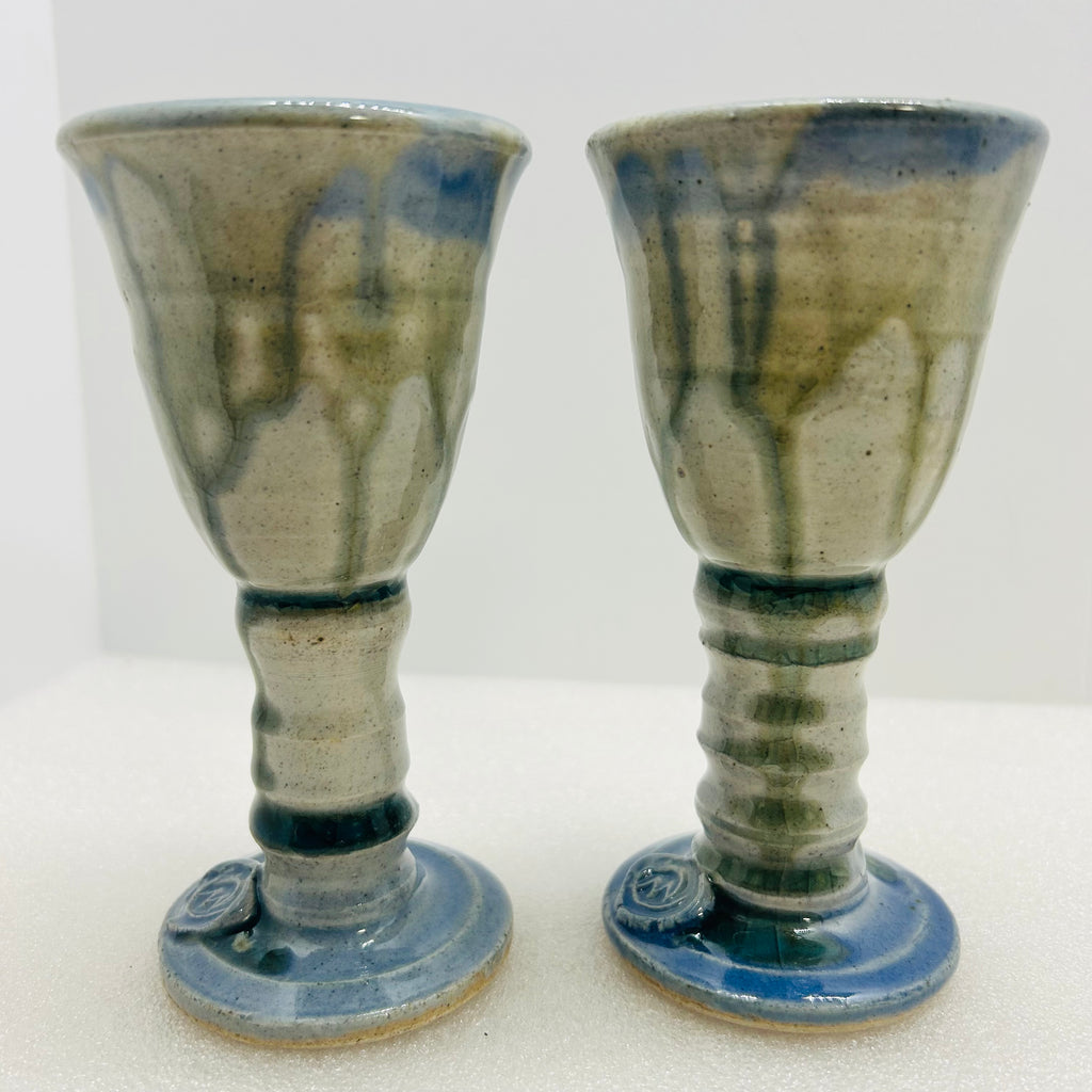 Vintage Studio Pottery Wine Goblets Blue Green Drip Glaze M Seal Set of 2