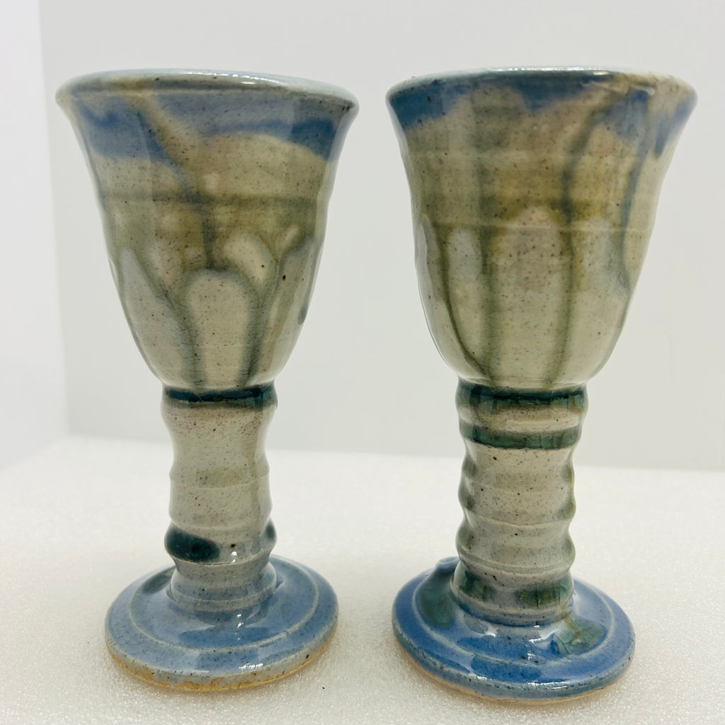 Vintage Studio Pottery Wine Goblets Blue Green Drip Glaze M Seal Set of 2