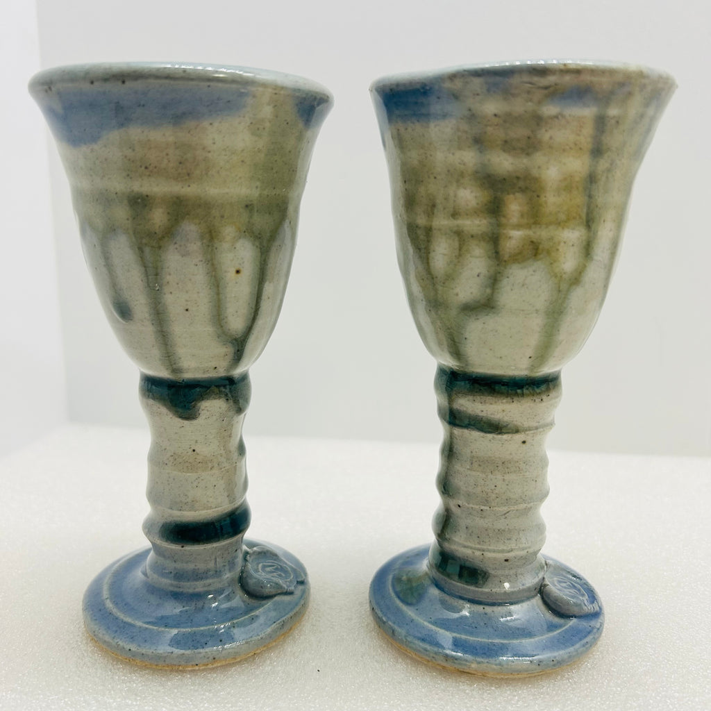 Vintage Studio Pottery Wine Goblets Blue Green Drip Glaze M Seal Set of 2