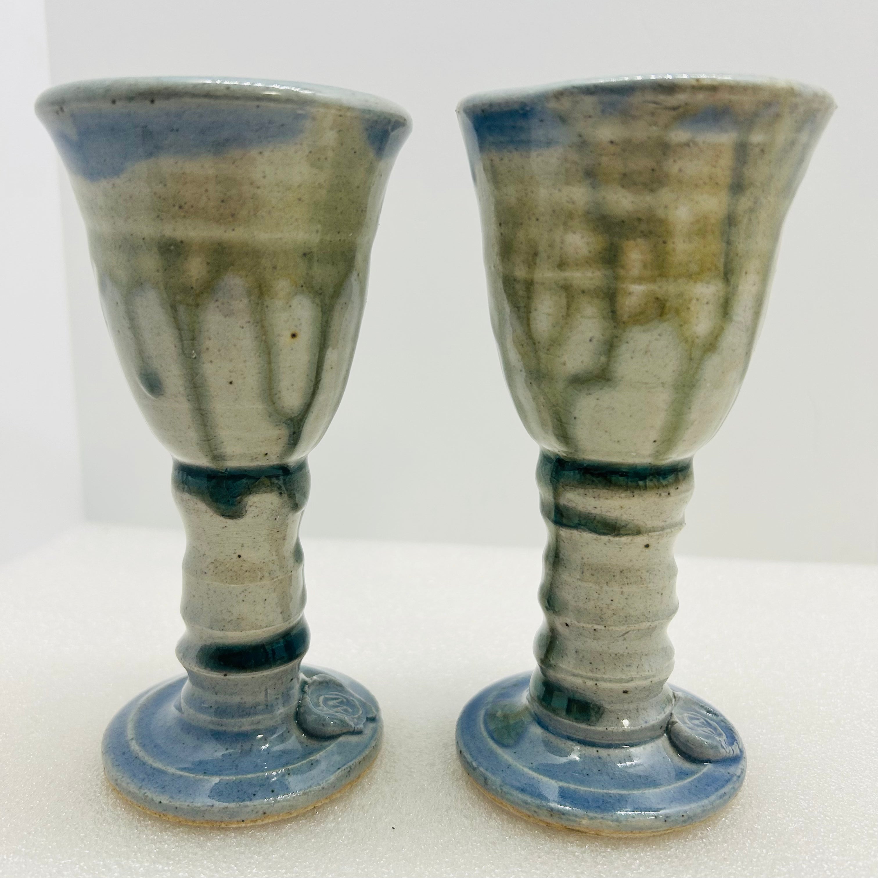 Vintage Studio Pottery Wine Goblets Blue Green Drip Glaze M Seal Set of 2